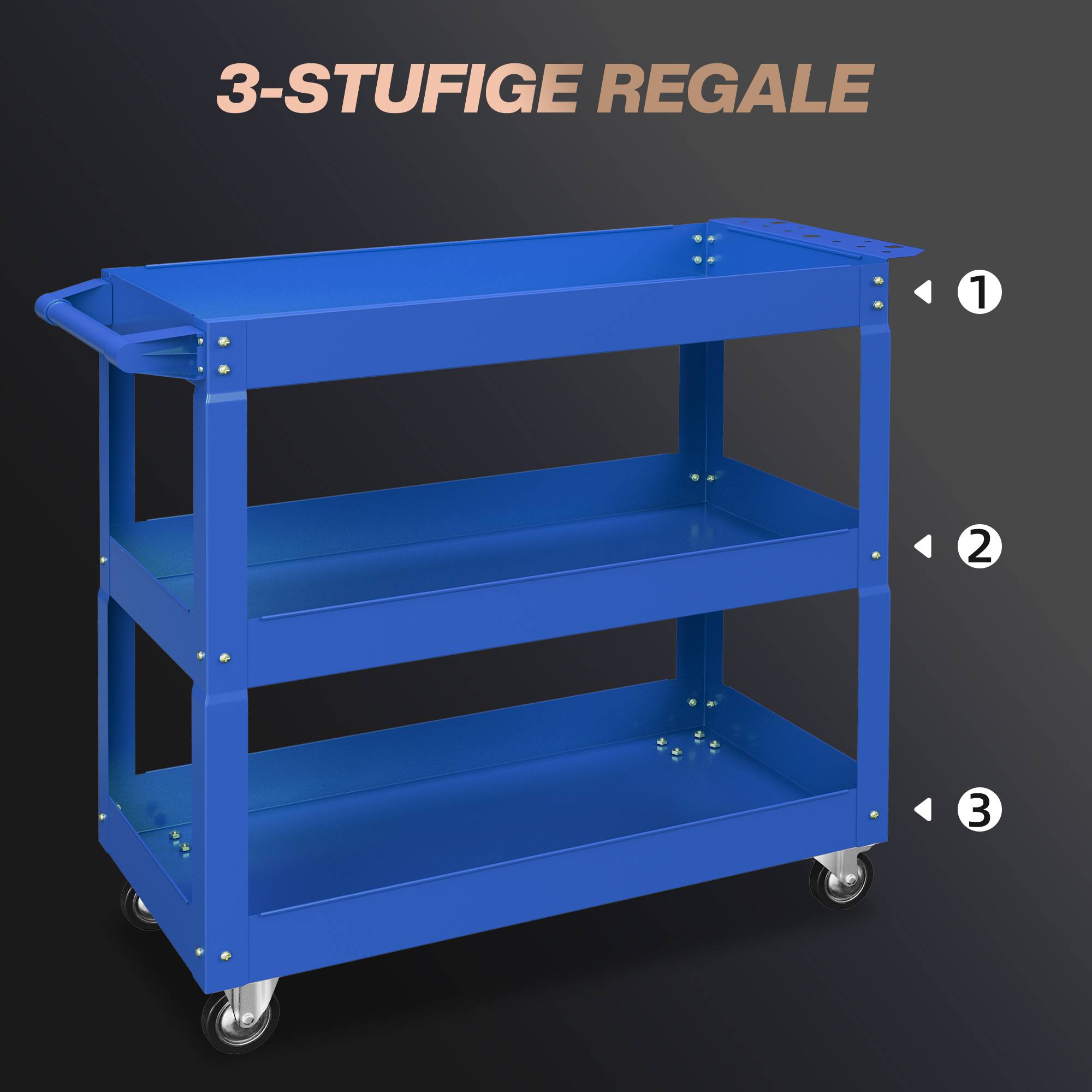 Sans Marque - Chariot à outils à 3 niveaux, 4 roues, Acier, 83 L x 35,3 P x 76 H cm, Bleu - Image 6
