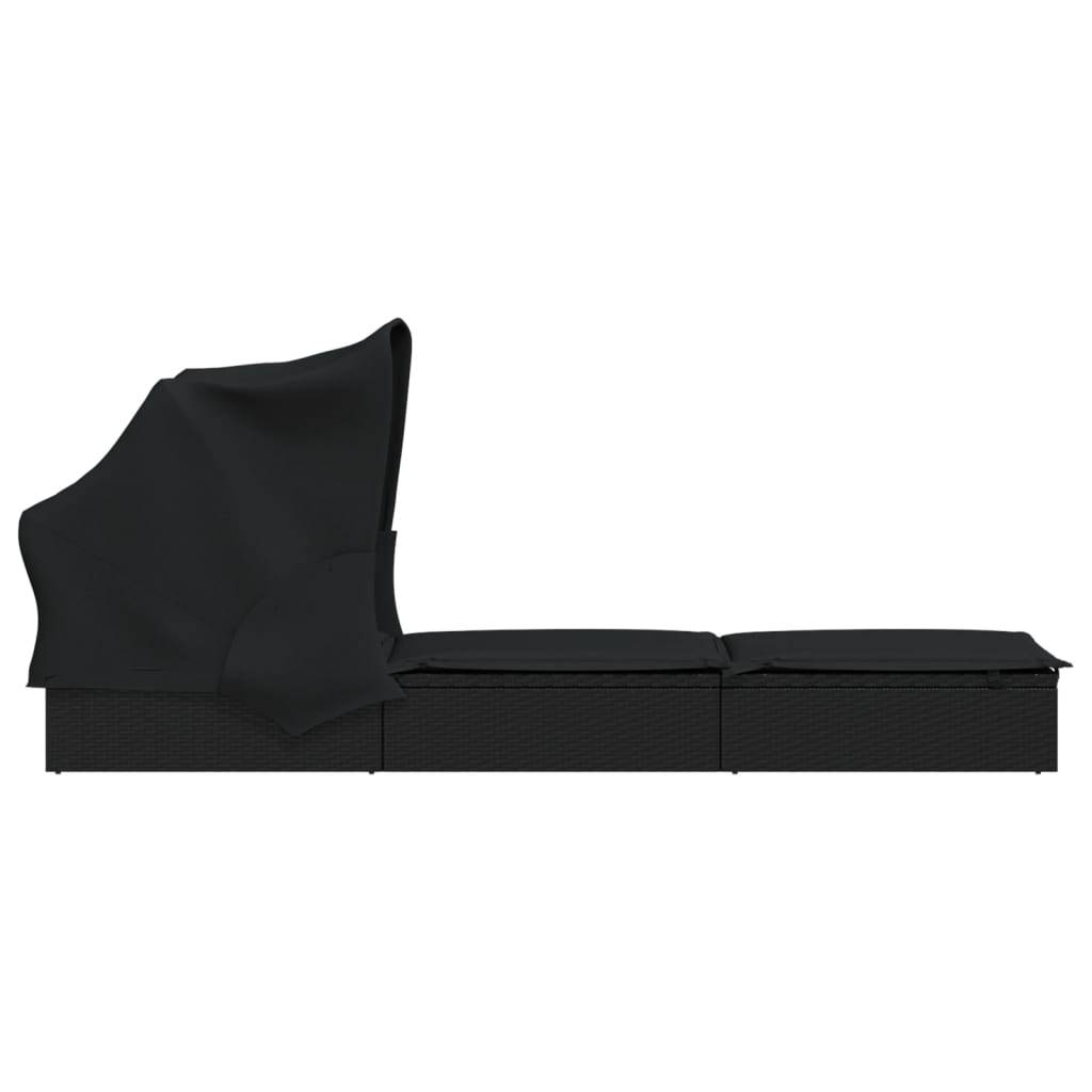 Helloshop26 - Transat chaise longue bain de soleil avec toit pliable 213 x 63 x 97 cm résine tressée noir - Image 5