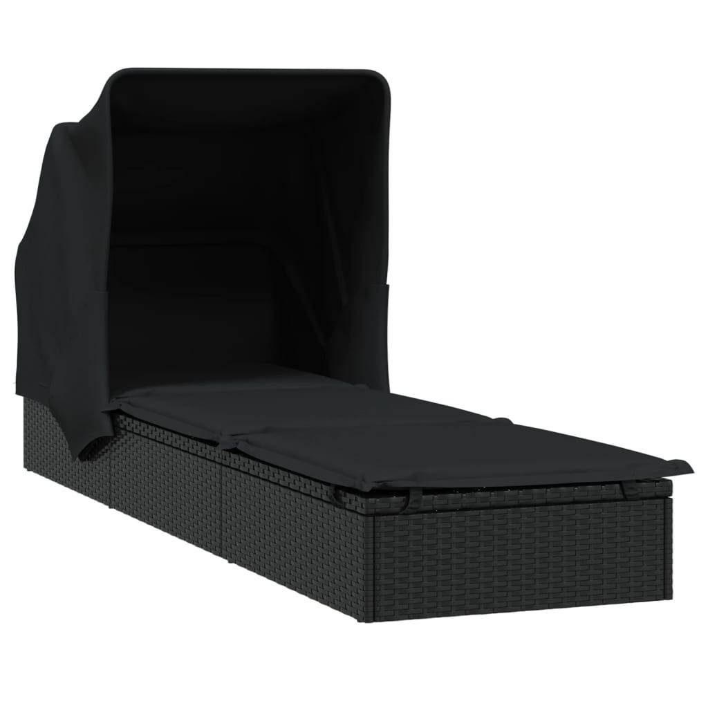 Helloshop26 - Transat chaise longue bain de soleil avec toit pliable 213 x 63 x 97 cm résine tressée noir - Image 1
