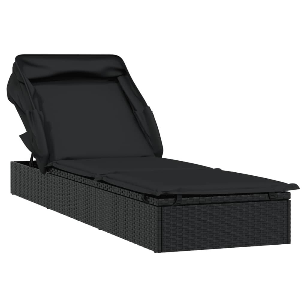 Helloshop26 - Transat chaise longue bain de soleil avec toit pliable 213 x 63 x 97 cm résine tressée noir - Image 2