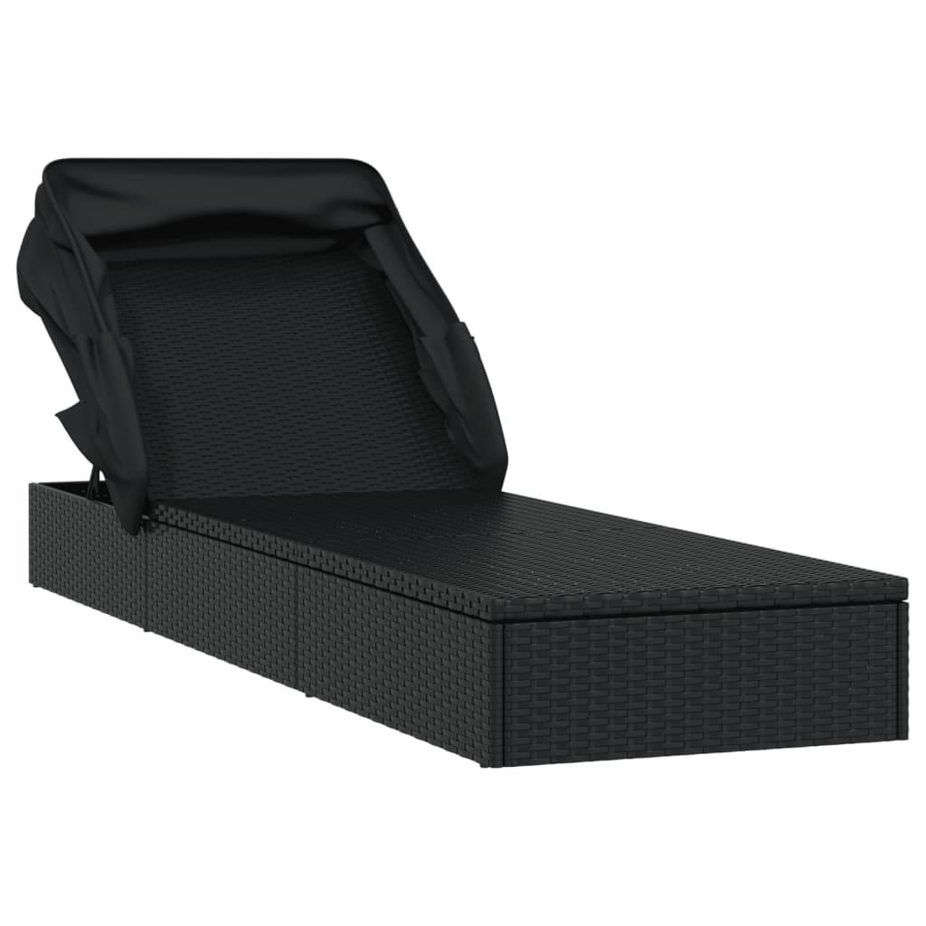 Helloshop26 - Transat chaise longue bain de soleil avec toit pliable 213 x 63 x 97 cm résine tressée noir - Image 3