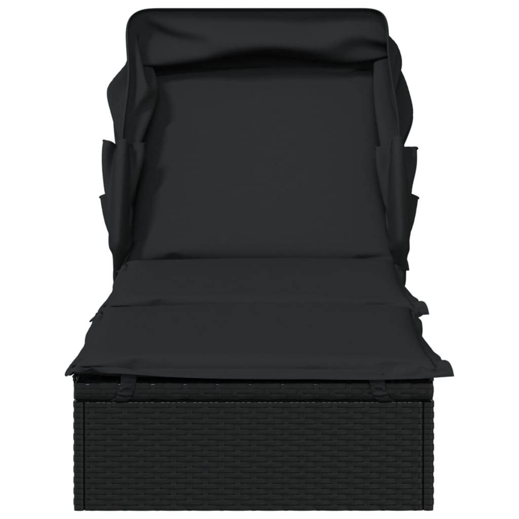 Helloshop26 - Transat chaise longue bain de soleil avec toit pliable 213 x 63 x 97 cm résine tressée noir - Image 4