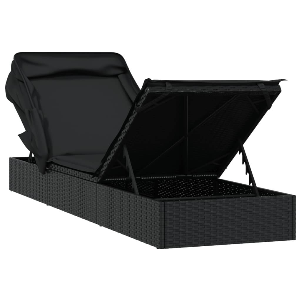 Helloshop26 - Transat chaise longue bain de soleil avec toit pliable 213 x 63 x 97 cm résine tressée noir - Image 7