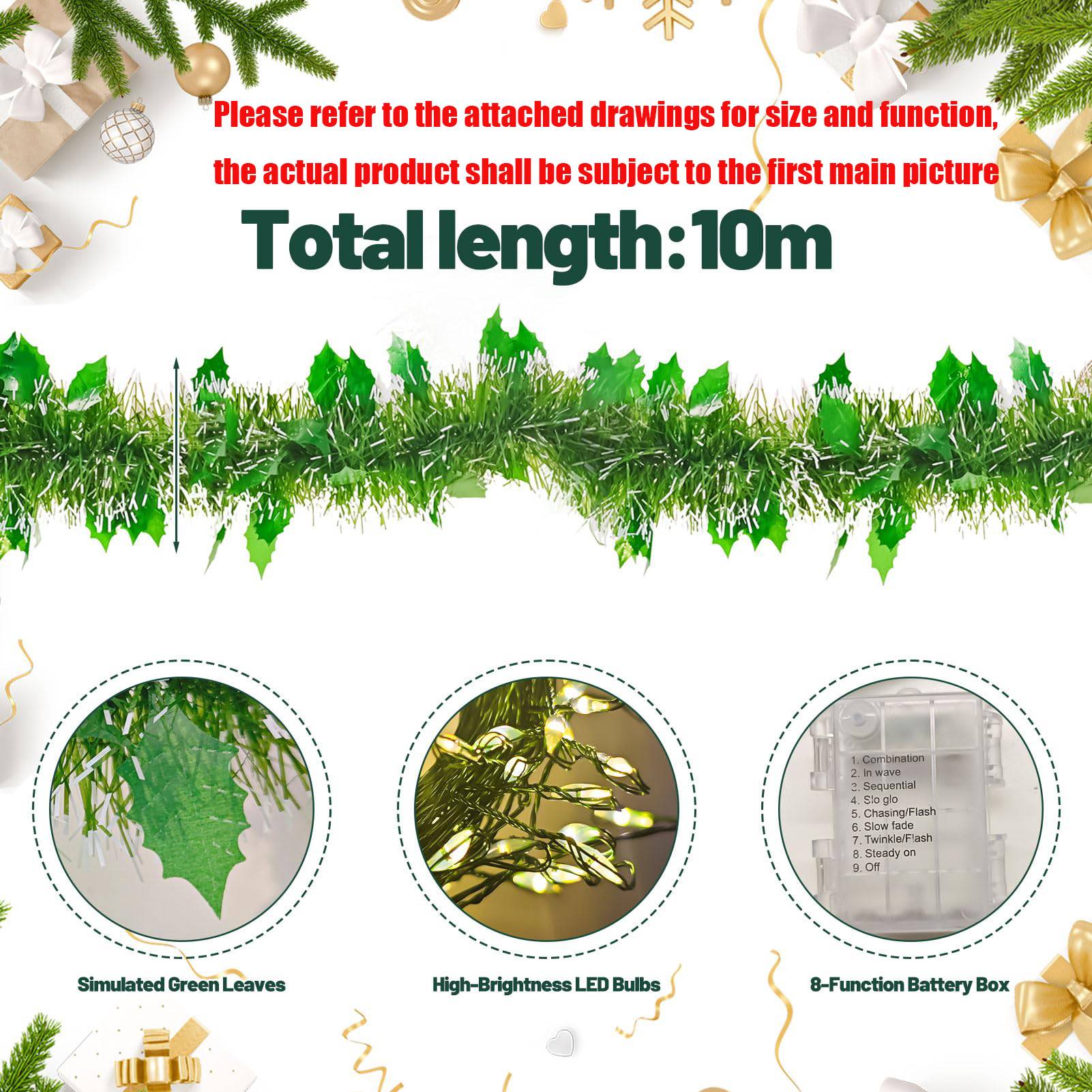 Lot de 2 Couronne de Noël à LED 10 m/32,8 pi avec 100 LED, vignes décoratives de Noël, convient pour portes,fenêtres et escaliers, lumière colorée (A) - Image 4