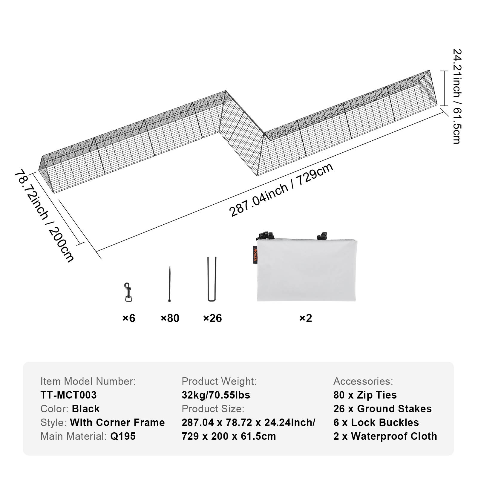 VEVOR Enclos poulailler, 729x200x61,5 cm, tunnels. Portable, pour poulets, canards, lapins. - Image 7
