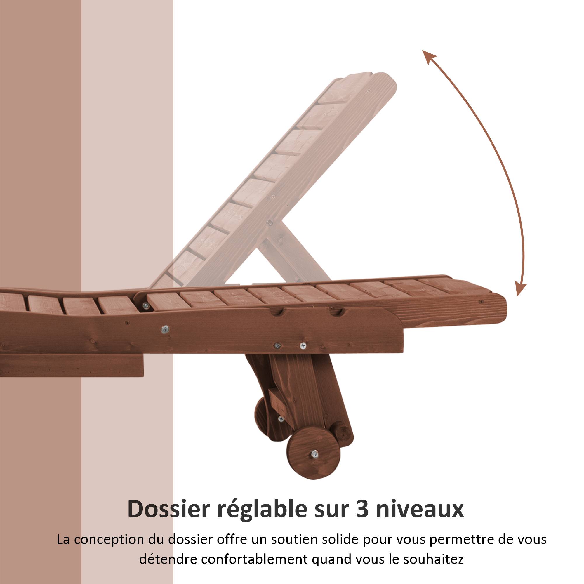 Bain de soleil style colonial, dossier 3 positions réglable, roulettes, tablette, bois de sapin pré-huilé - Image 7