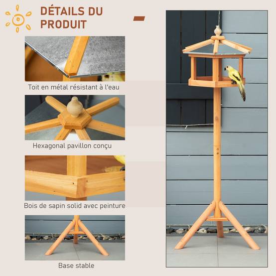 Mangeoire oiseaux sur pied bois massif abri jardin toit étanche 113cm marron - ComfortXL Outdoor Living - Image 7