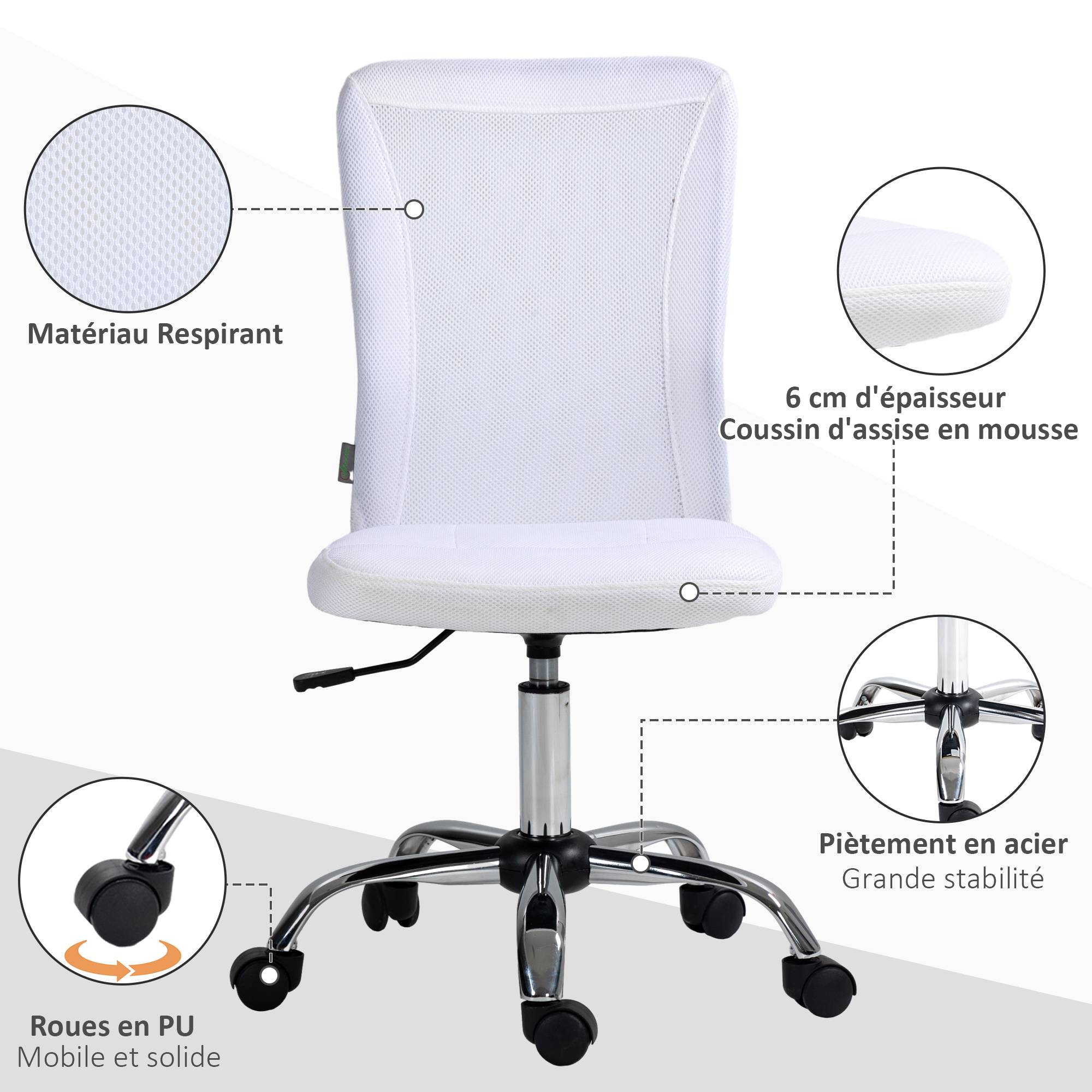 Sans Marque - Chaise de bureau ergonomique hauteur réglable piètement chromé pivotant 360° revêtement maille blanc - Image 6