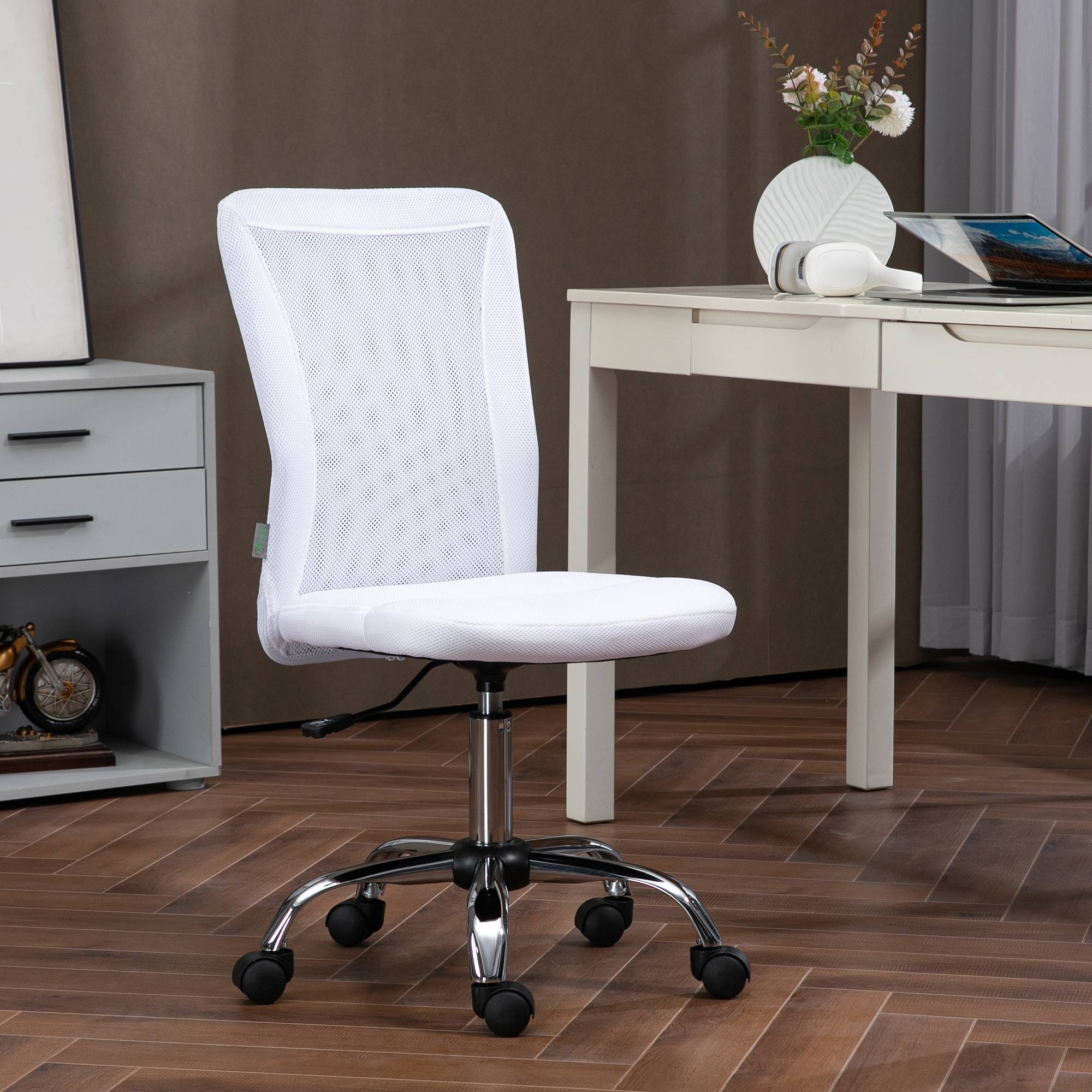 Sans Marque - Chaise de bureau ergonomique hauteur réglable piètement chromé pivotant 360° revêtement maille blanc - Image 4
