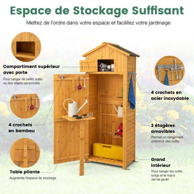 Helloshop26 - Abri de jardin en bois imperméable avec toit abri de jardin avec table pliable étagères et 8 crochets 75 x 50 x 180,5 cm - Image 3