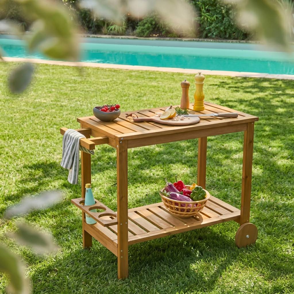 sweeek - Desserte extérieure 95 cm en bois avec roues et poignée. Bois naturel. L 95 x l 47 x h 74cm | sweeek - Image 1