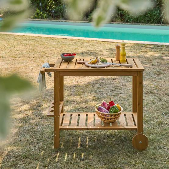 sweeek - Desserte extérieure 95 cm en bois avec roues et poignée. Bois naturel. L 95 x l 47 x h 74cm | sweeek - Image 3
