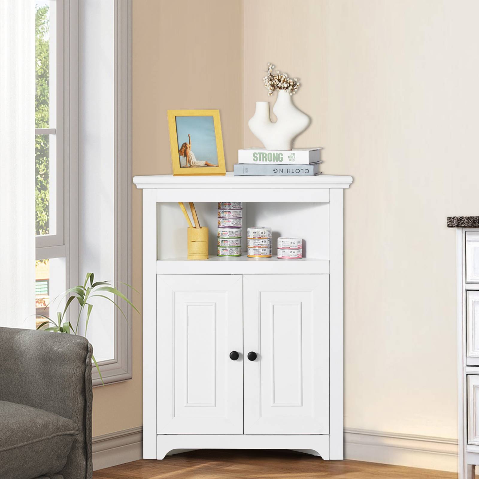 Vevor - VEVOR Armoire rangement angle 845 mm, 3 niveaux, 2 portes, étagères réglables. Blanc. - Image 8