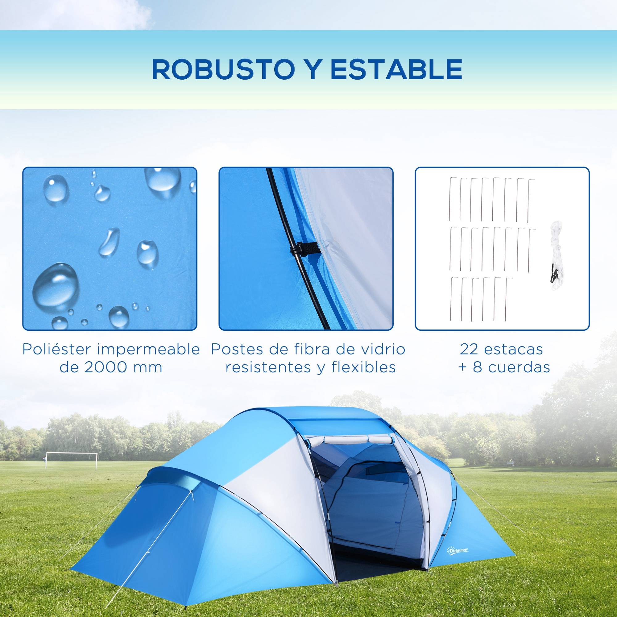 ComfortXL - Tente familiale 4 personnes polyester 2 chambres séjour imperméable bleu blanc - ComfortXL Outdoor Living - Image 7