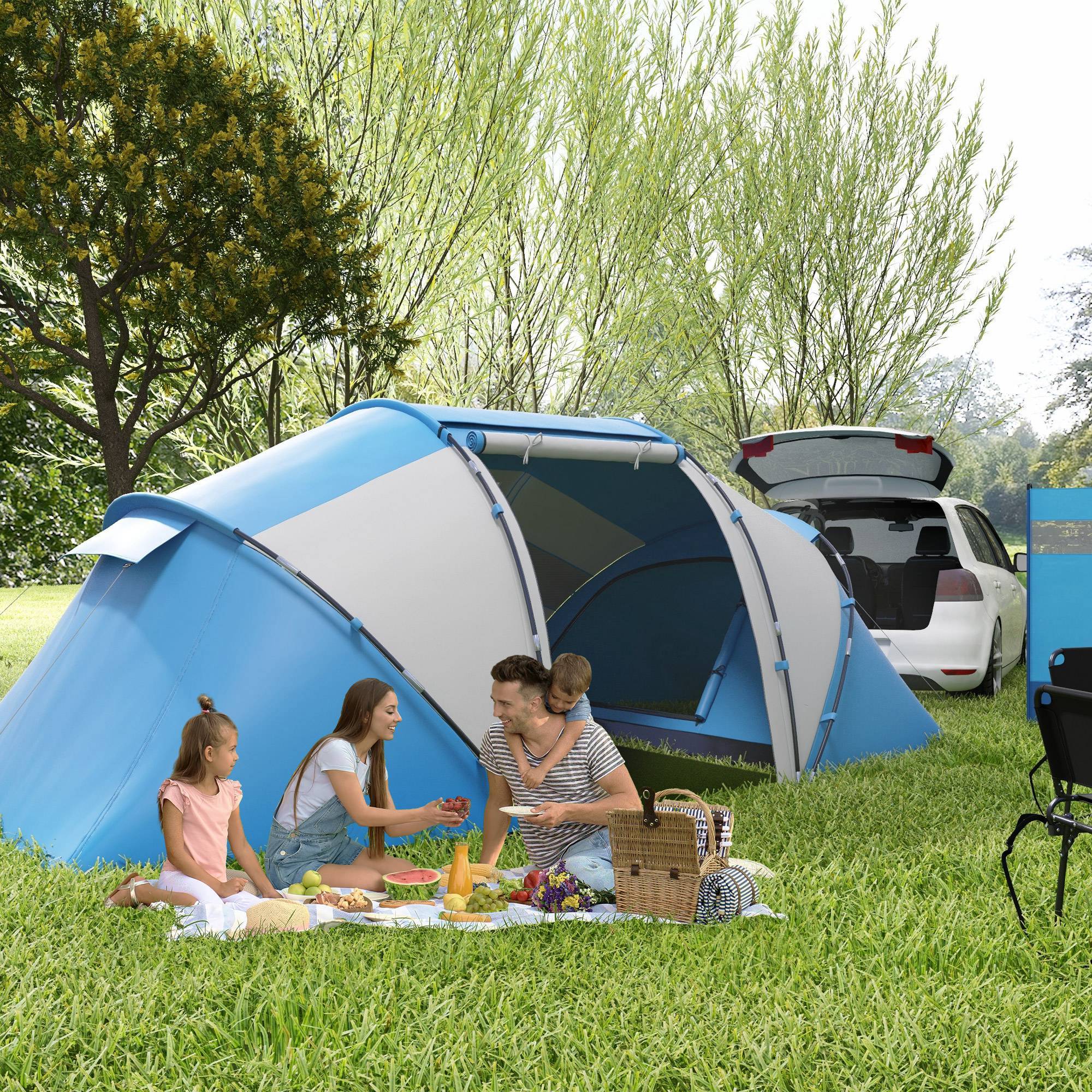 ComfortXL - Tente familiale 4 personnes polyester 2 chambres séjour imperméable bleu blanc - ComfortXL Outdoor Living - Image 4