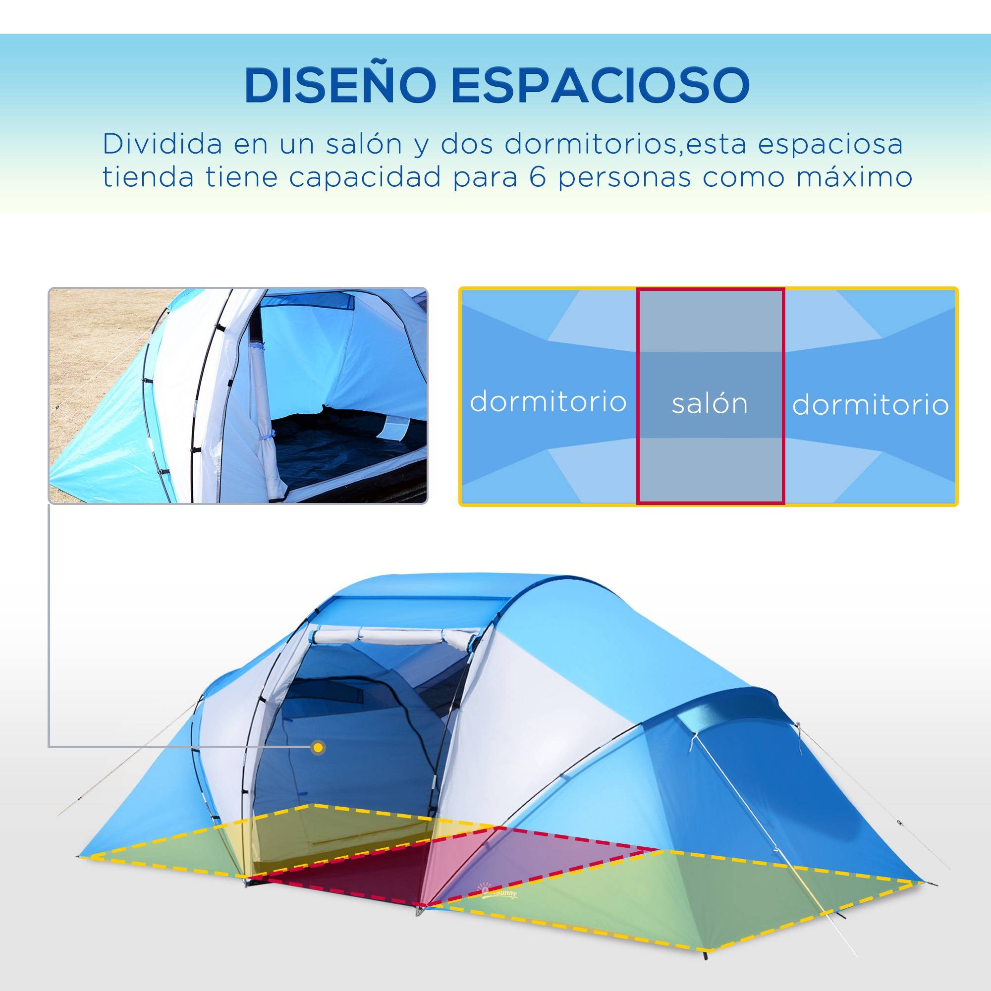 ComfortXL - Tente familiale 4 personnes polyester 2 chambres séjour imperméable bleu blanc - ComfortXL Outdoor Living - Image 6