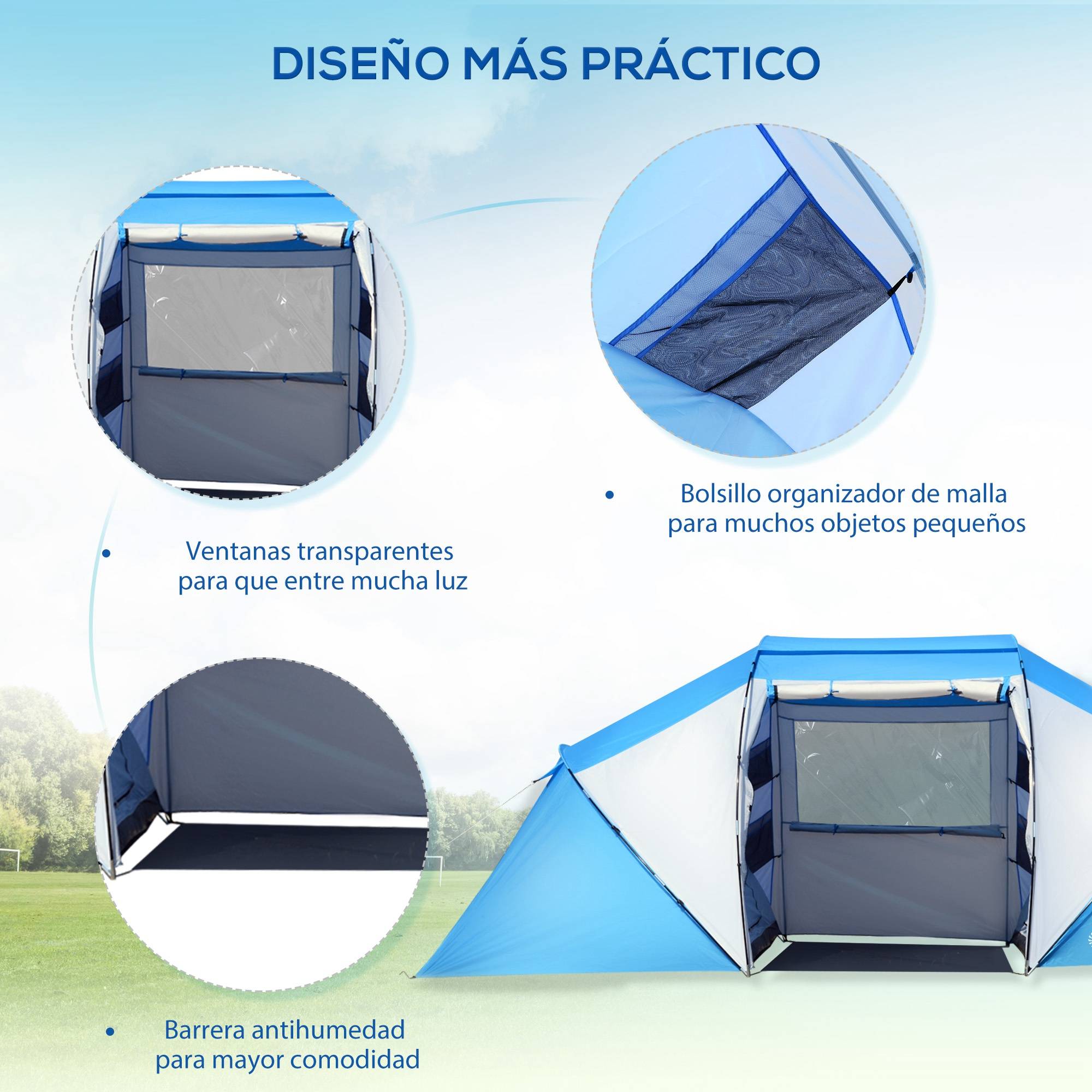 ComfortXL - Tente familiale 4 personnes polyester 2 chambres séjour imperméable bleu blanc - ComfortXL Outdoor Living - Image 8