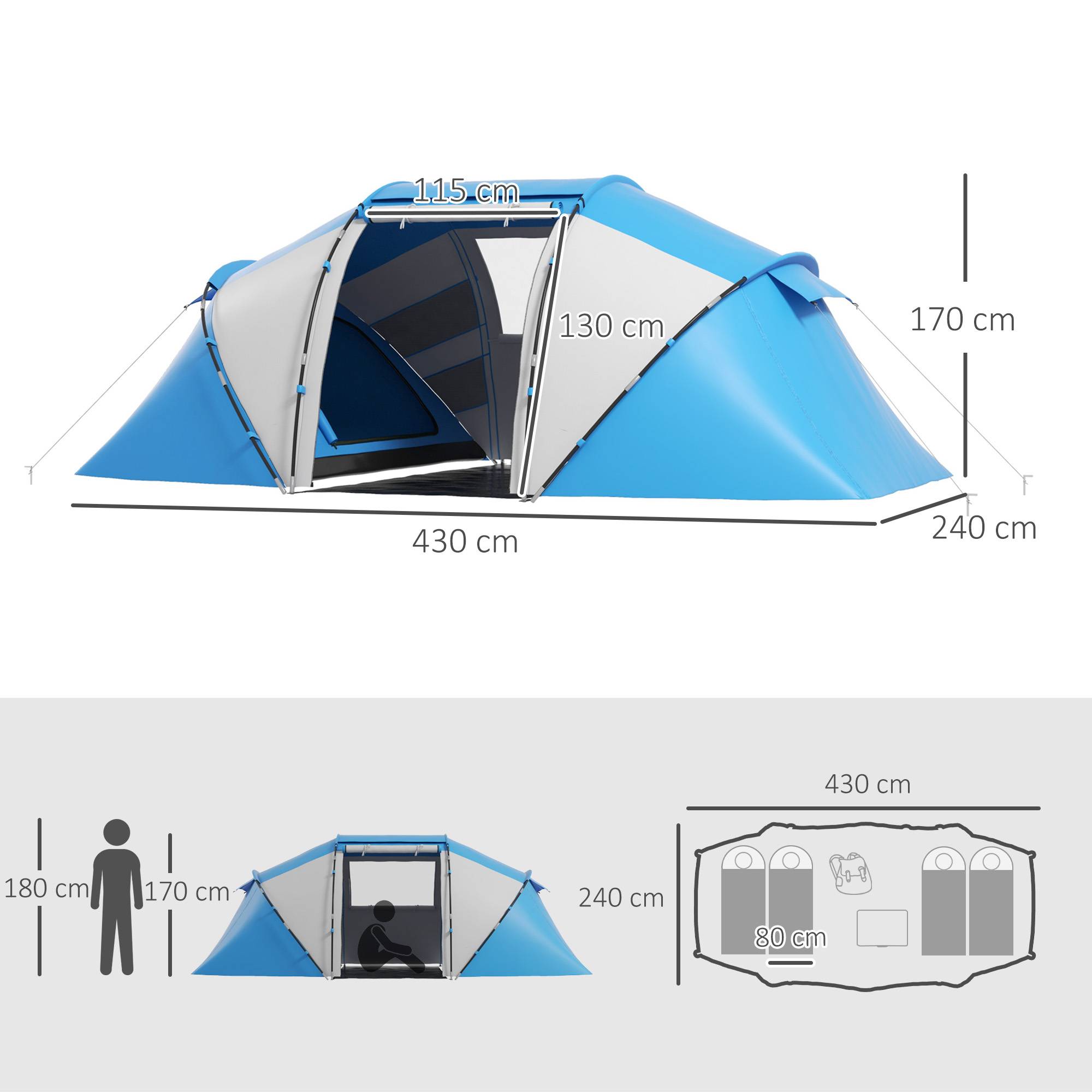 ComfortXL - Tente familiale 4 personnes polyester 2 chambres séjour imperméable bleu blanc - ComfortXL Outdoor Living - Image 5