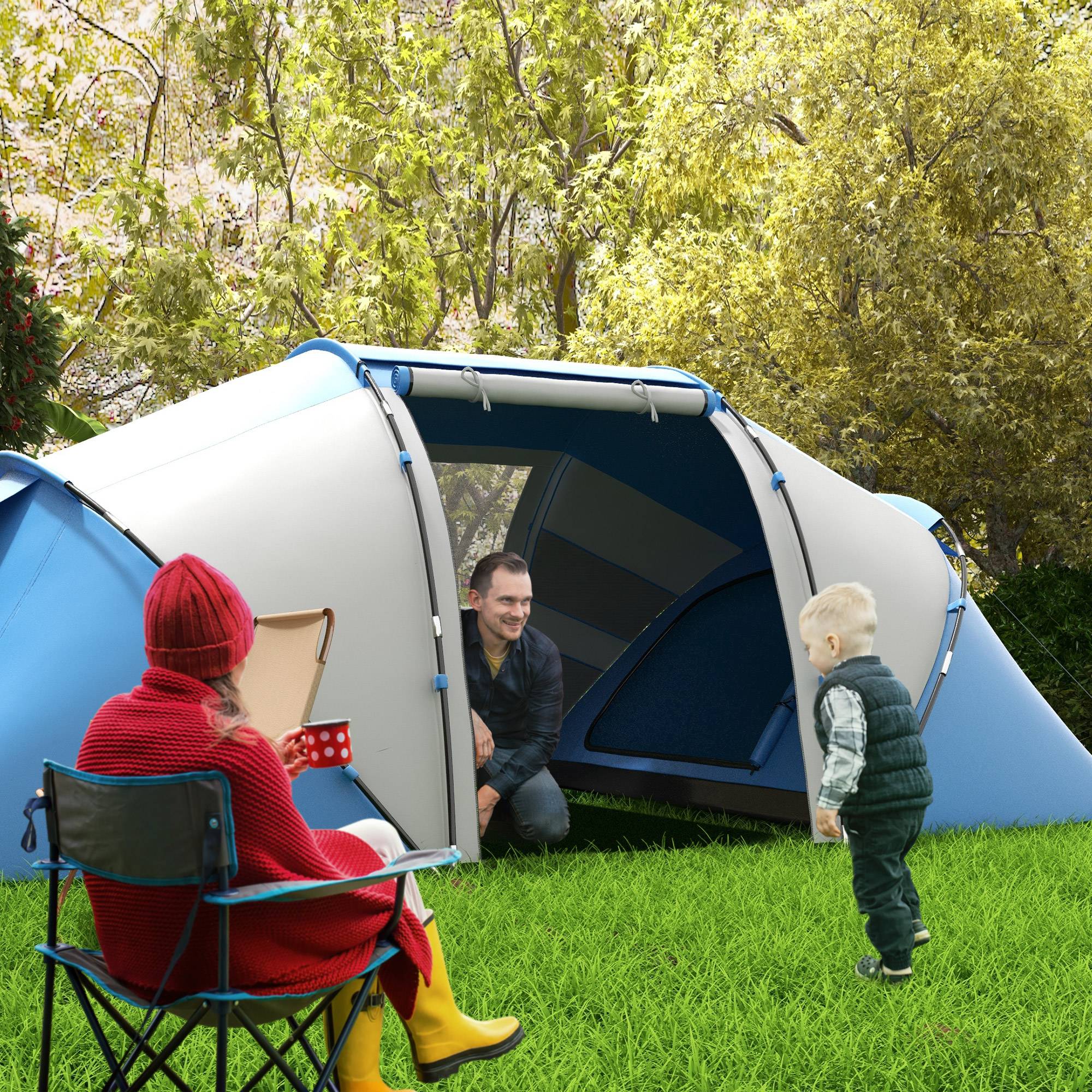 ComfortXL - Tente familiale 4 personnes polyester 2 chambres séjour imperméable bleu blanc - ComfortXL Outdoor Living - Image 3