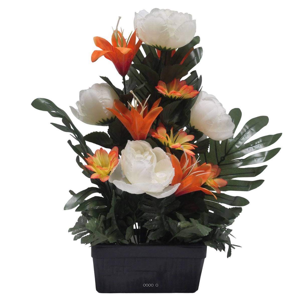 Jardinière fleurs artificielles Pivoine, Lys, Gerbera et ficus Crème pour la Toussaint - couleur: Crème - Image 1