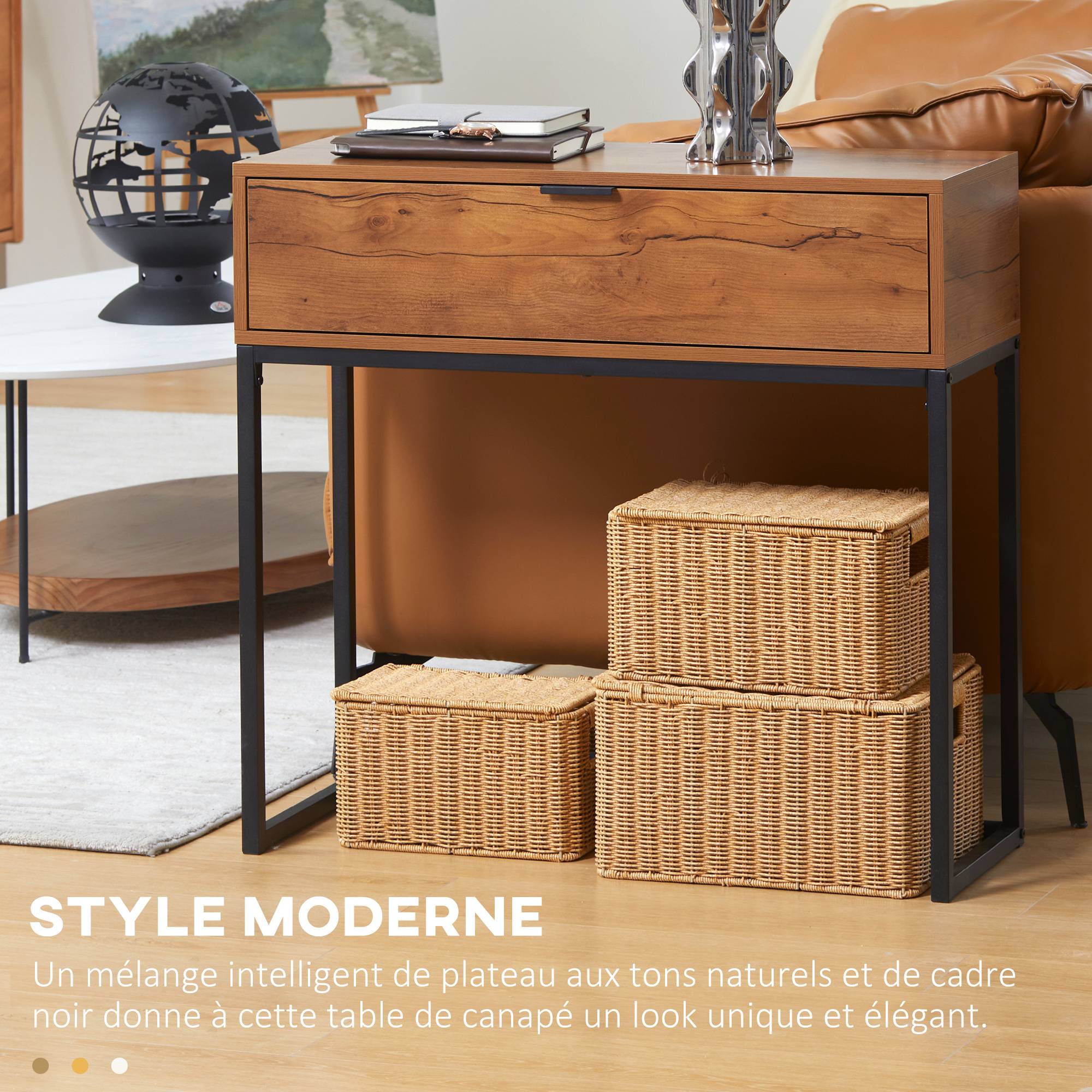 Console meuble, table console avec tiroir et pieds en acier, pour salon, entrée, couloir, 80 x 30 x 76 cm, marron - Image 6