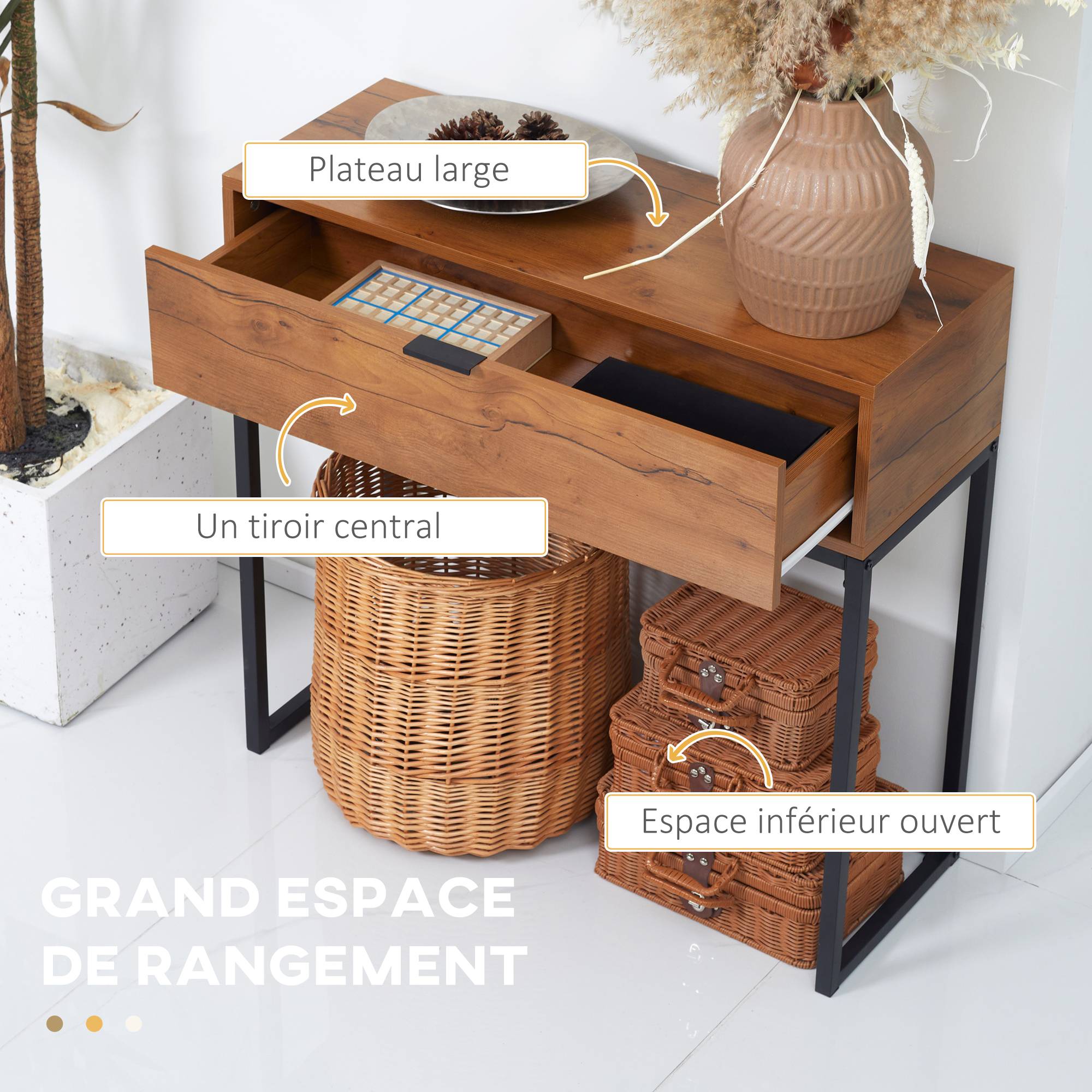 Console meuble, table console avec tiroir et pieds en acier, pour salon, entrée, couloir, 80 x 30 x 76 cm, marron - Image 7