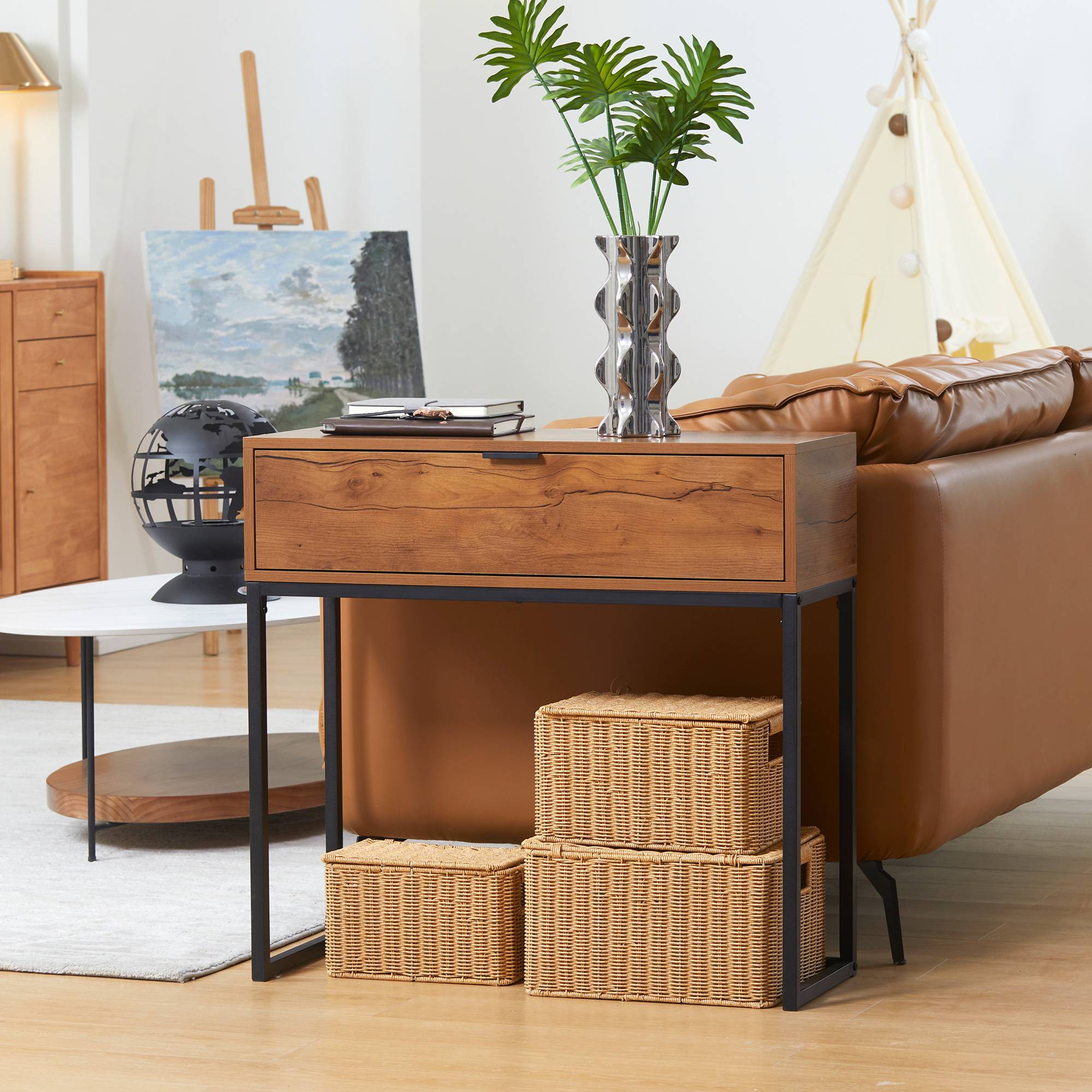 Console meuble, table console avec tiroir et pieds en acier, pour salon, entrée, couloir, 80 x 30 x 76 cm, marron - Image 3