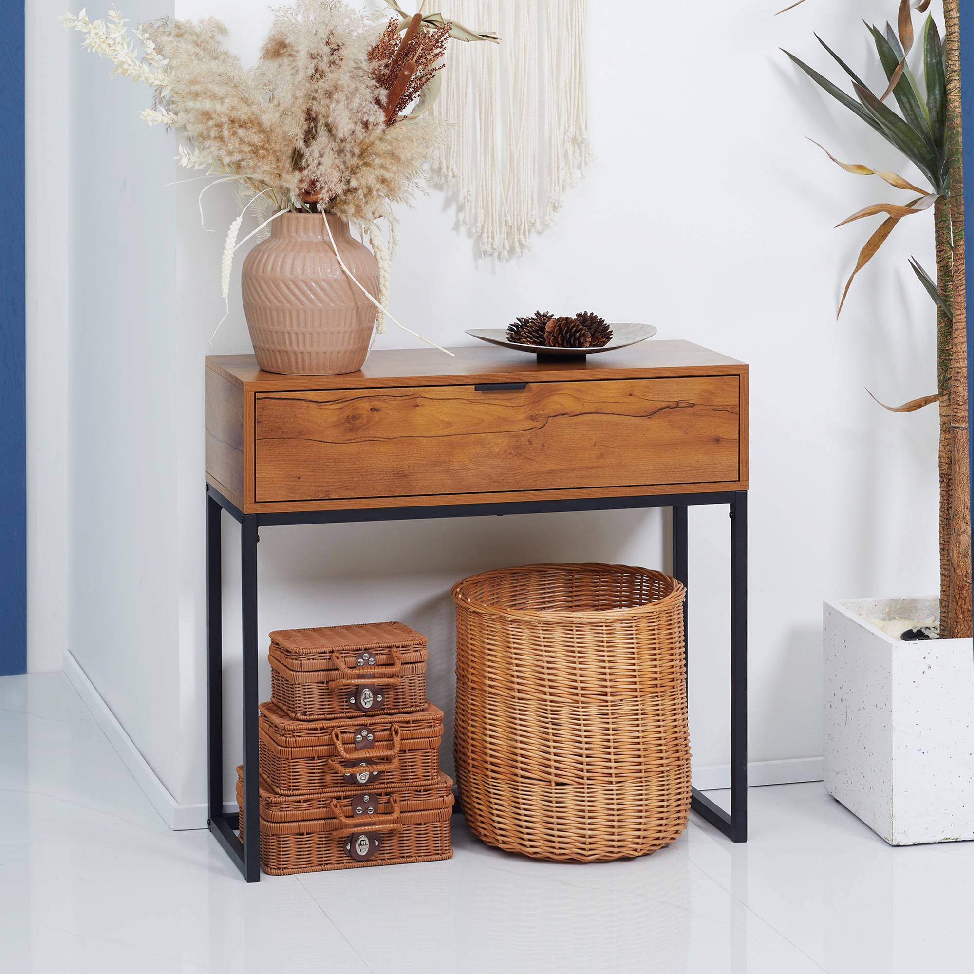 Console meuble, table console avec tiroir et pieds en acier, pour salon, entrée, couloir, 80 x 30 x 76 cm, marron - Image 4