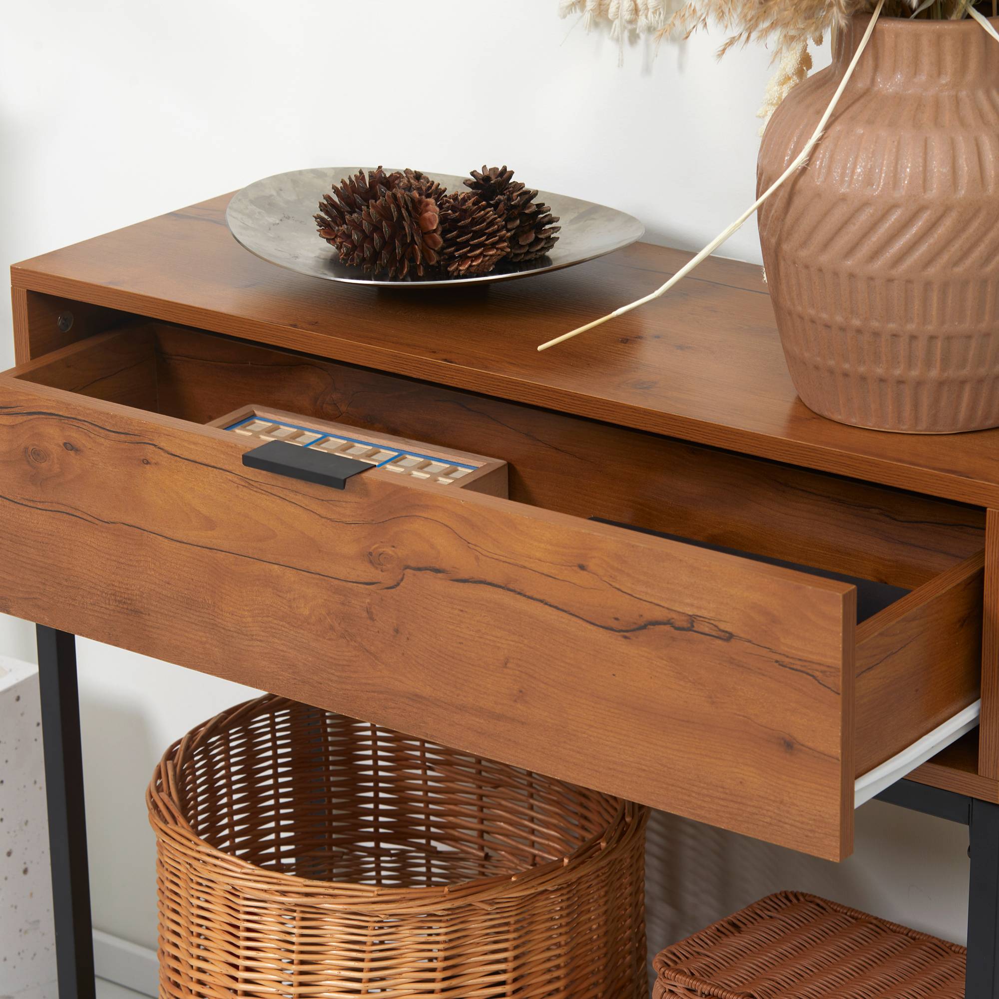 Console meuble, table console avec tiroir et pieds en acier, pour salon, entrée, couloir, 80 x 30 x 76 cm, marron - Image 9