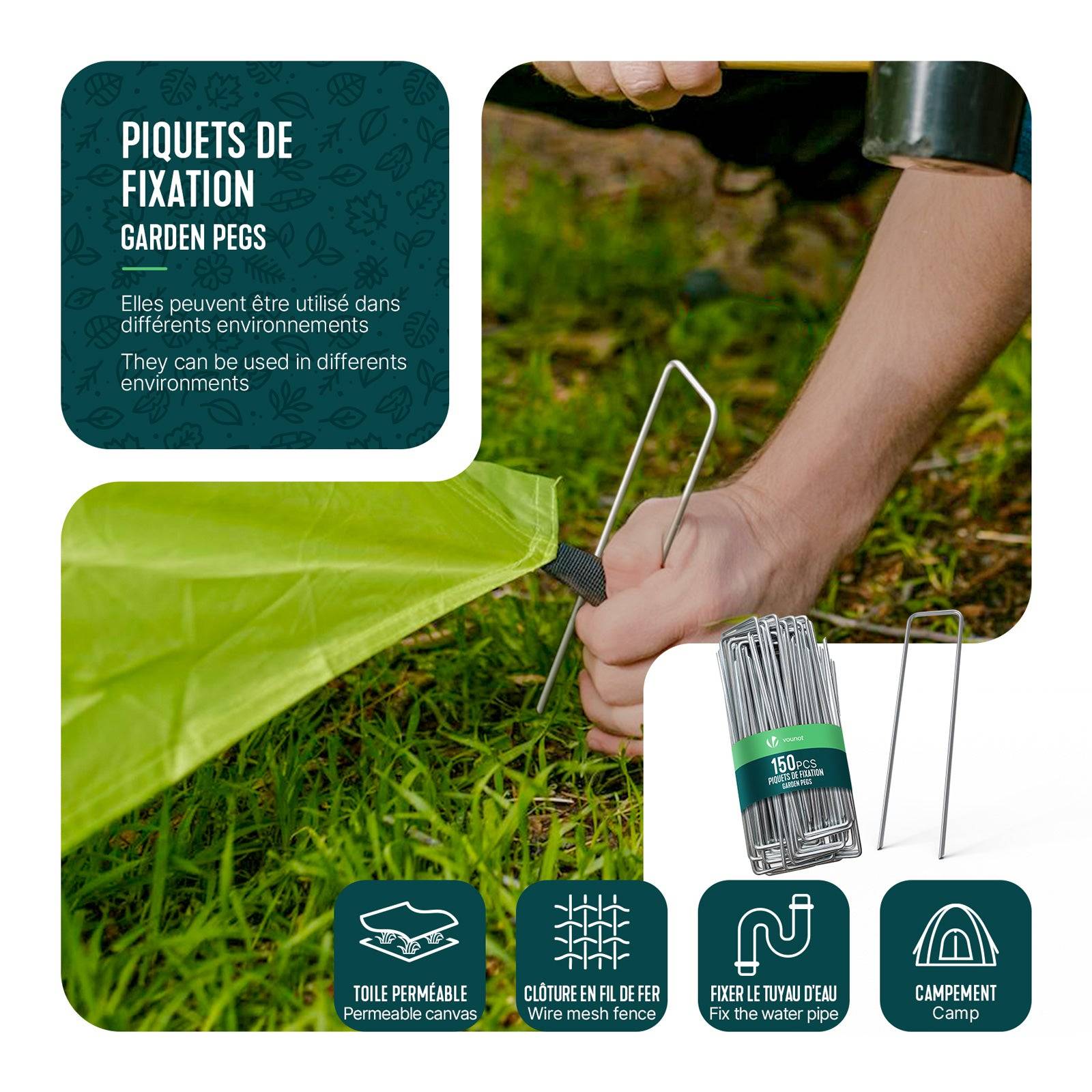 Vounot - Lot de 150 piquets de fixation en métal galvanisé - Agrafes de jardin en forme de U - 150x30mm Ø3mm - VOUNOT® - Image 5