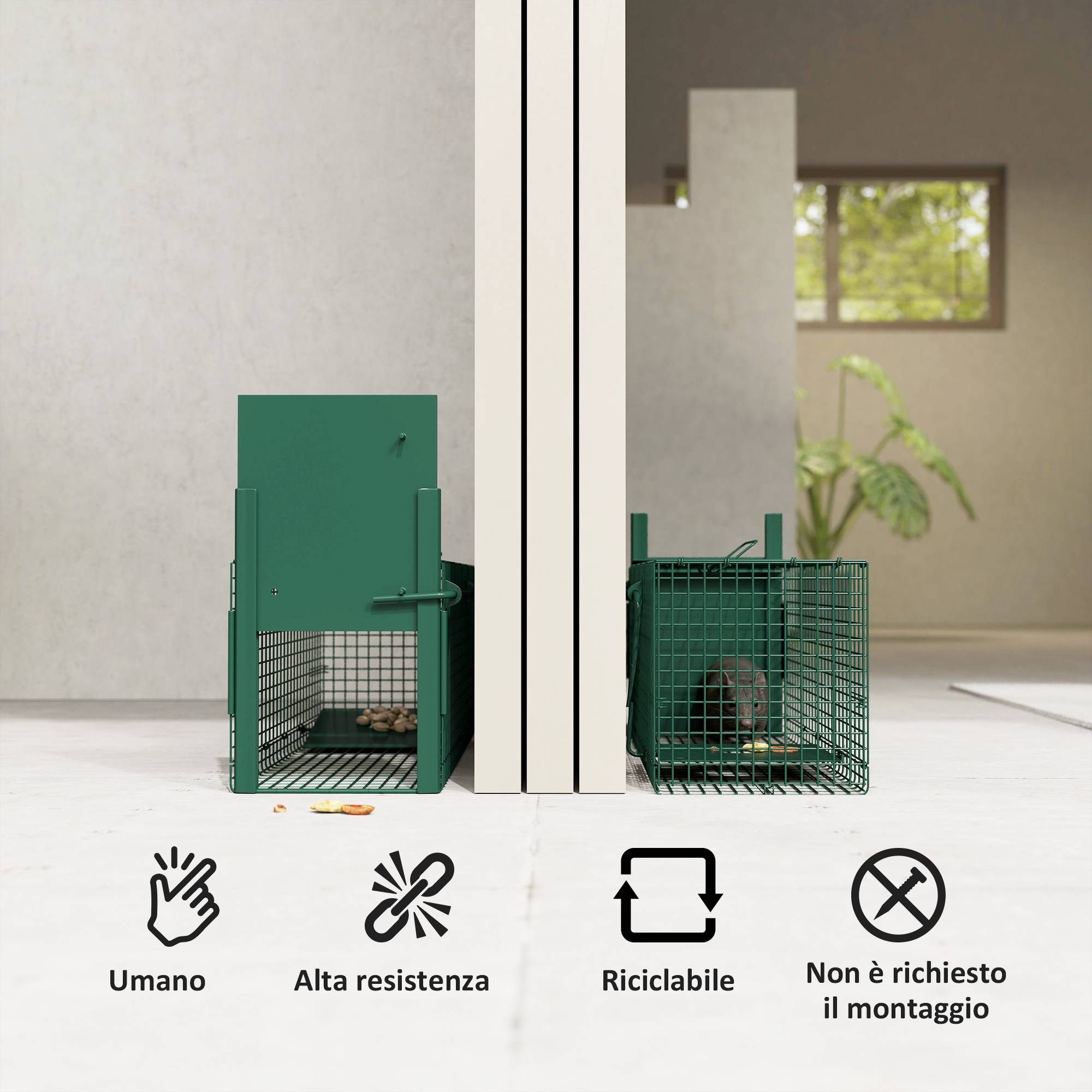 Cage piège pour rats, souris et ragondins avec porte simple, 60x18x20 cm, verte - Image 6