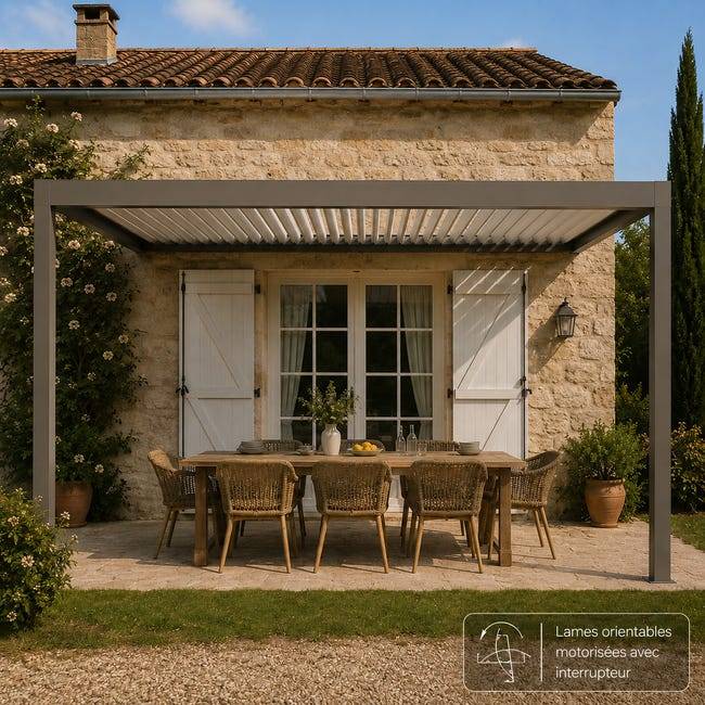 Pergola Bioclimatique Aluminium Adossée Motorisée Éclairée 4x3,5 Gris SV ORIAL France - Image 4