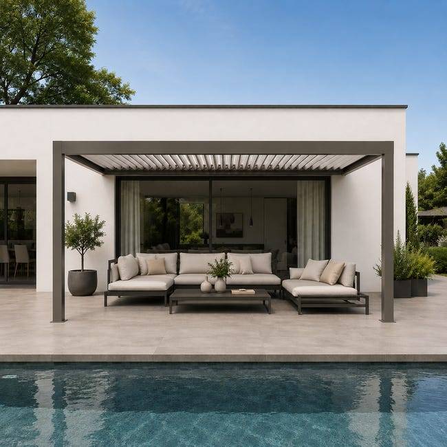 Pergola Bioclimatique Aluminium Adossée Motorisée Éclairée 4x3,5 Gris SV ORIAL France - Image 1