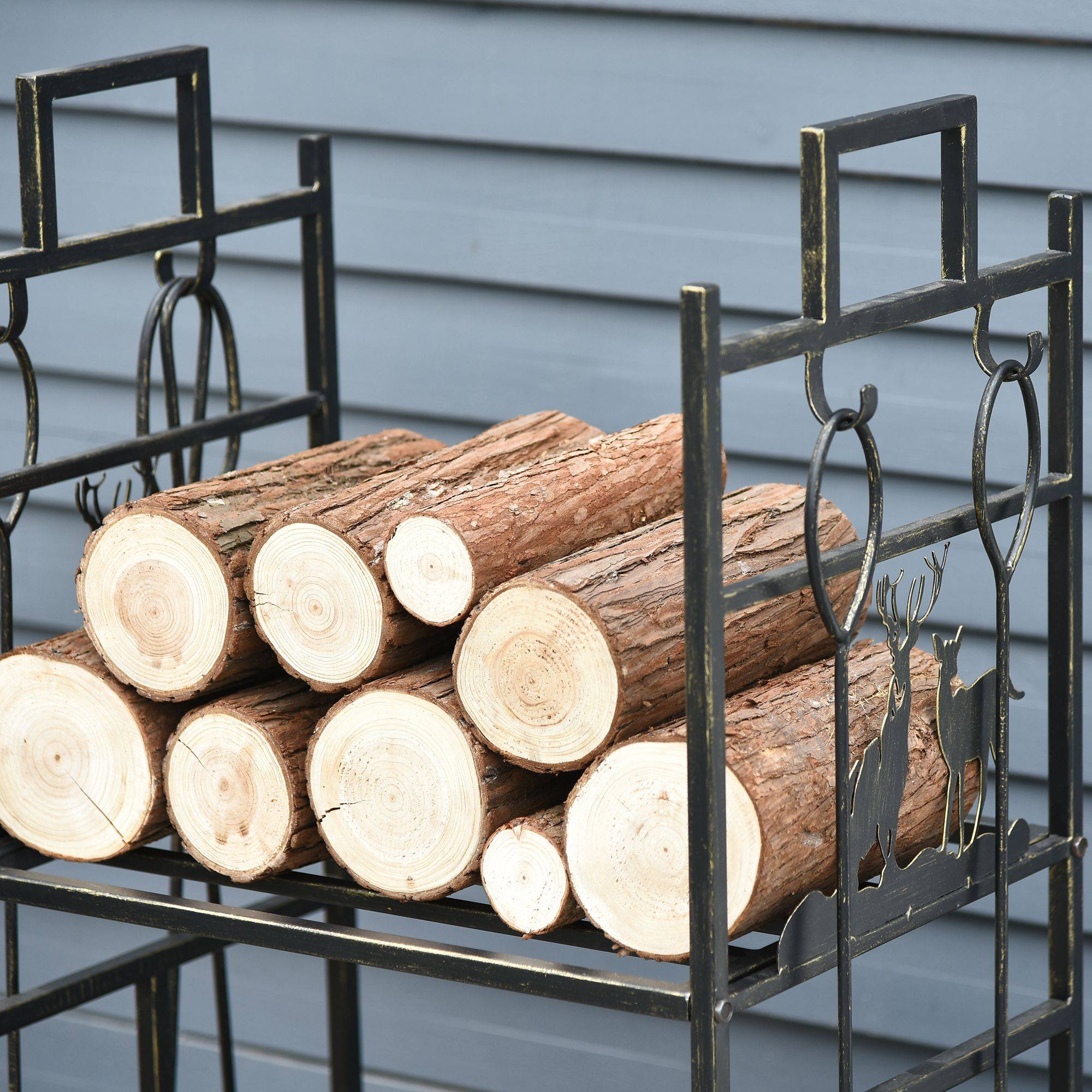 Porte-bûches en métal avec 4 outils et poignées pour une utilisation intérieure et extérieure, 51,5 x 33 x 77 cm, noir et or - Image 10