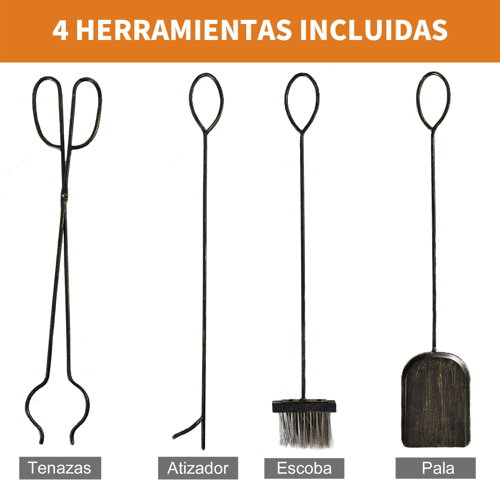 Porte-bûches en métal avec 4 outils et poignées pour une utilisation intérieure et extérieure, 51,5 x 33 x 77 cm, noir et or - Image 7