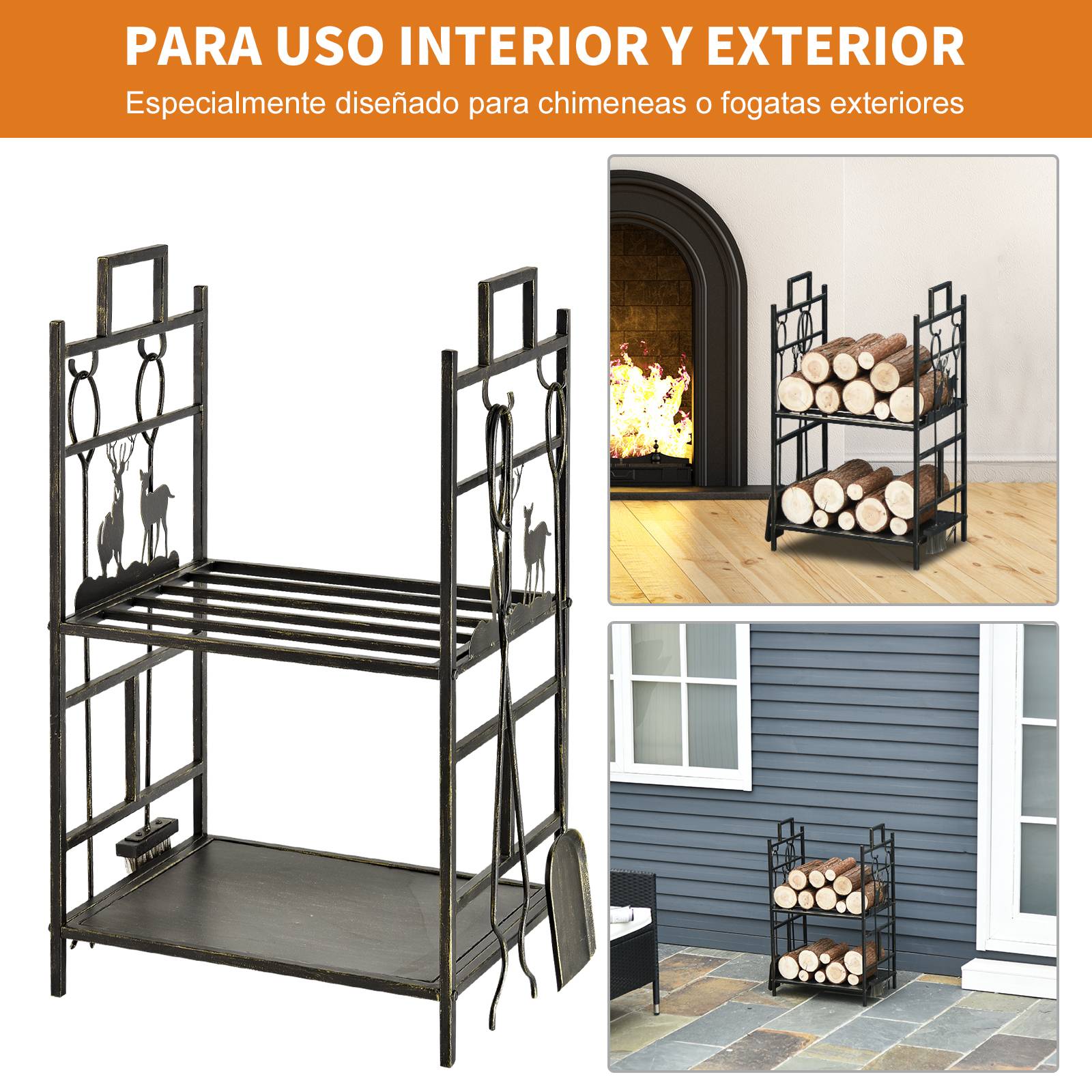 Porte-bûches en métal avec 4 outils et poignées pour une utilisation intérieure et extérieure, 51,5 x 33 x 77 cm, noir et or - Image 8
