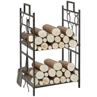 Porte-bûches en métal avec 4 outils et poignées pour une utilisation intérieure et extérieure, 51,5 x 33 x 77 cm, noir et or