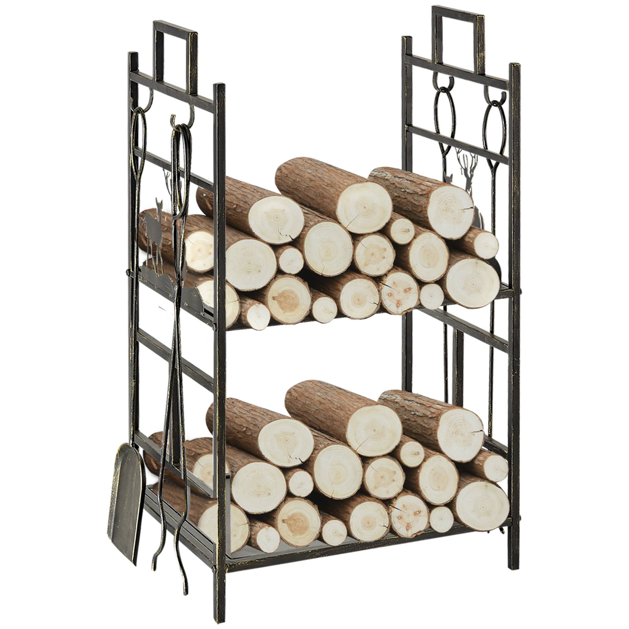 Porte-bûches en métal avec 4 outils et poignées pour une utilisation intérieure et extérieure, 51,5 x 33 x 77 cm, noir et or - Image 1