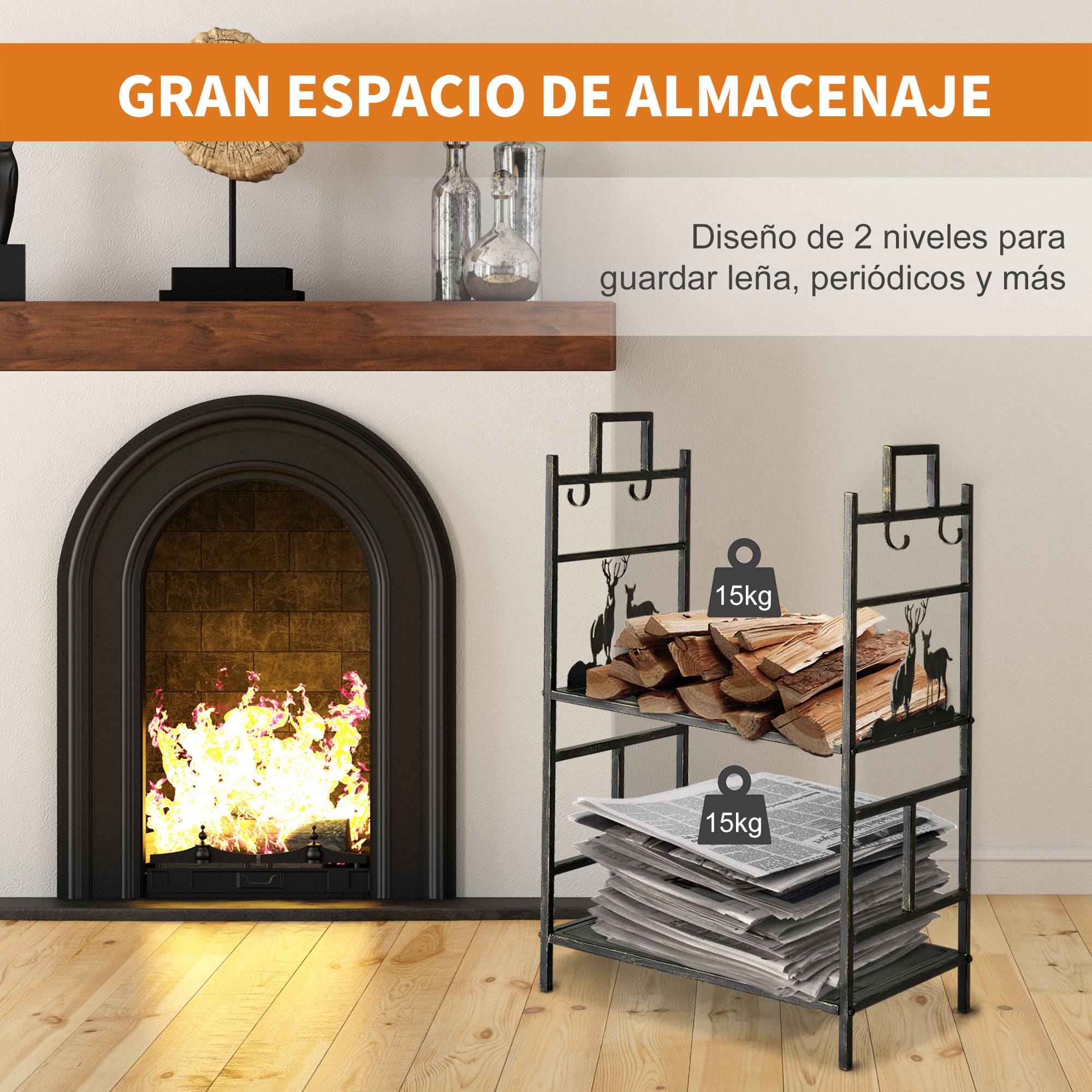 Porte-bûches en métal avec 4 outils et poignées pour une utilisation intérieure et extérieure, 51,5 x 33 x 77 cm, noir et or - Image 9