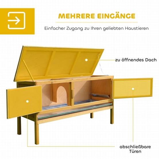Clapier Lapin Bois Massif Extérieur Toit Ouvrant Tiroir Amovible 115x44x65cm Jaune - ComfortXL Outdoor Living - Image 7