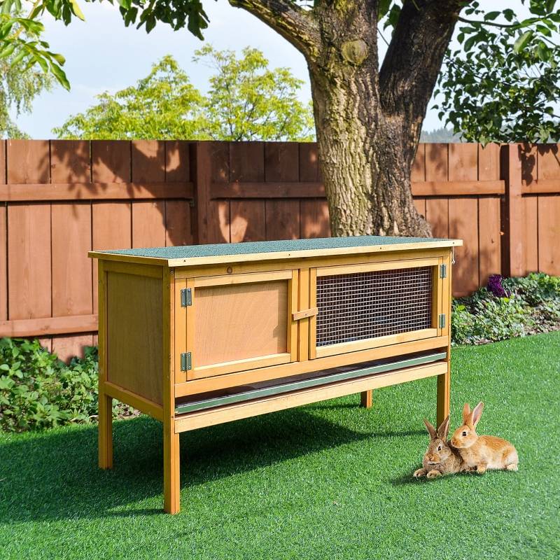 Clapier Lapin Bois Massif Extérieur Toit Ouvrant Tiroir Amovible 115x44x65cm Jaune - ComfortXL Outdoor Living - Image 1