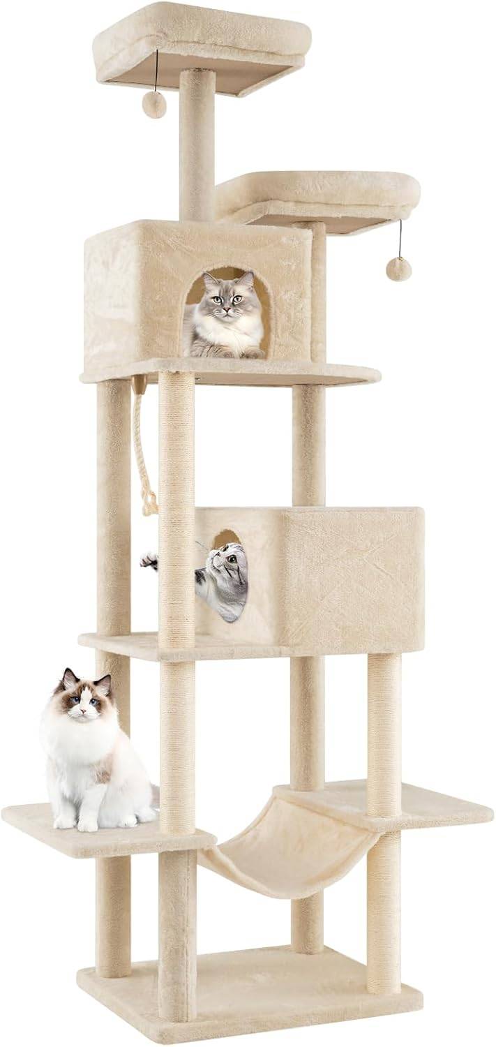 Arbre à Chat XXL 205 cm, 5 Plateformes, Corde et 4 Poteaux à Griffer en Sisal, 2 Condos, Hamac, Arbre a Chat Maine Coon, 2 Pompons Suspendu, pour 4-6 - Image 1