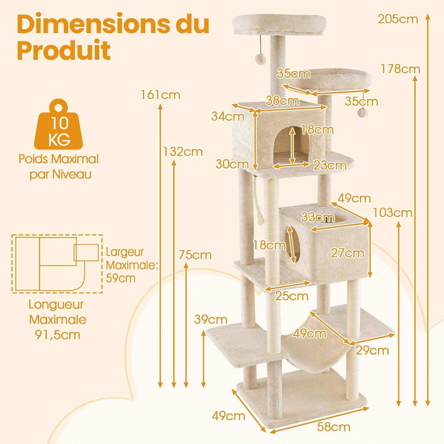Arbre à Chat XXL 205 cm, 5 Plateformes, Corde et 4 Poteaux à Griffer en Sisal, 2 Condos, Hamac, Arbre a Chat Maine Coon, 2 Pompons Suspendu, pour 4-6 - Image 4