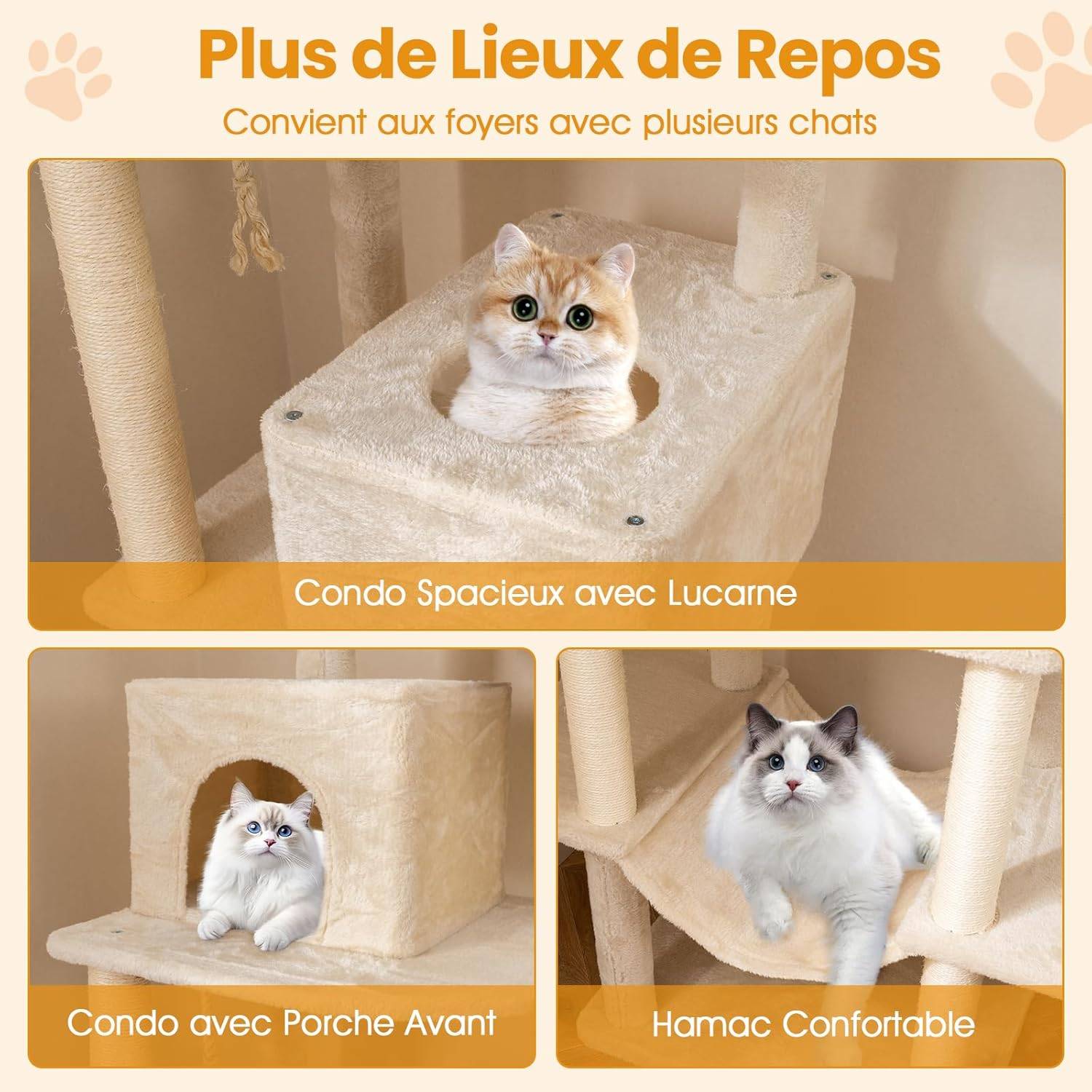 Arbre à Chat XXL 205 cm, 5 Plateformes, Corde et 4 Poteaux à Griffer en Sisal, 2 Condos, Hamac, Arbre a Chat Maine Coon, 2 Pompons Suspendu, pour 4-6 - Image 3