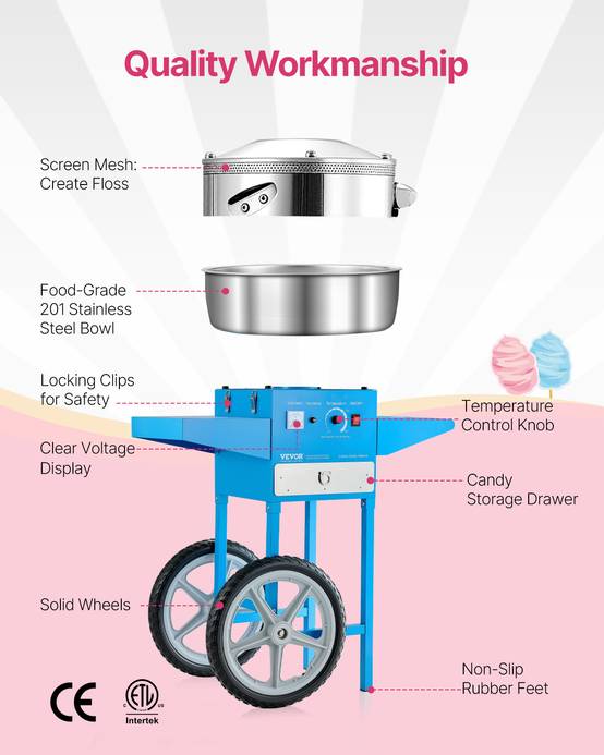VEVOR Machine barbe à papa électrique chariot, 1000 W, bol inox 52 cm, bleu. - Image 5