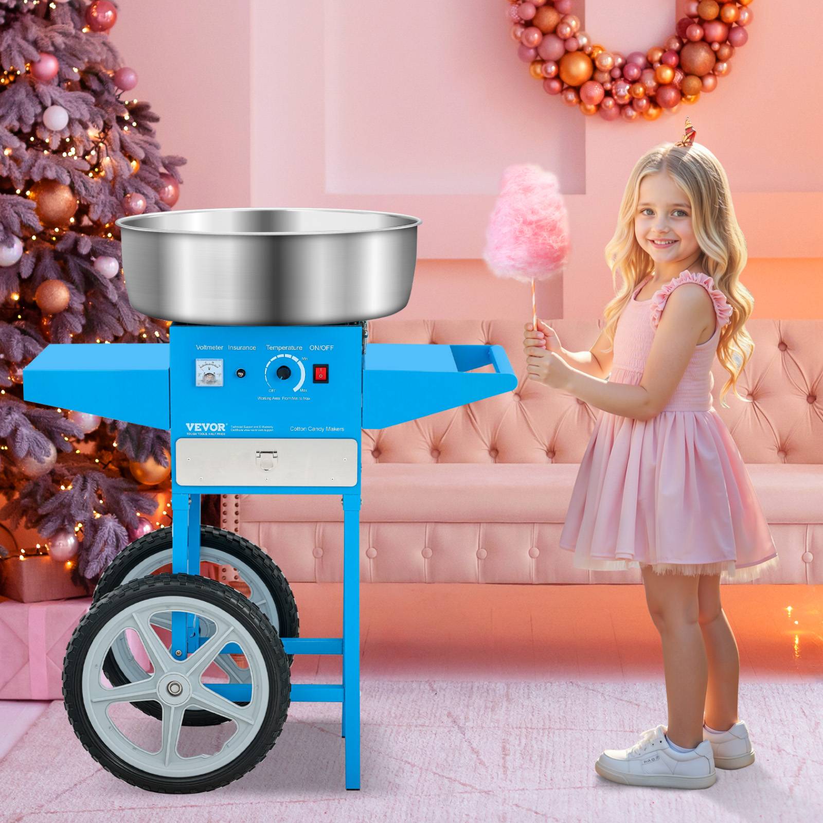 VEVOR Machine barbe à papa électrique chariot, 1000 W, bol inox 52 cm, bleu. - Image 8