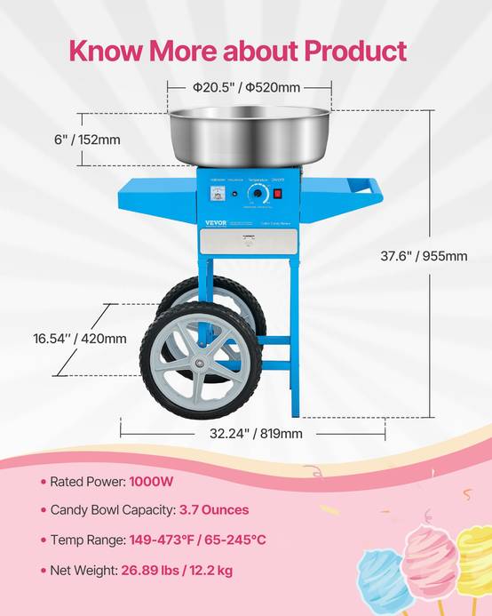 VEVOR Machine barbe à papa électrique chariot, 1000 W, bol inox 52 cm, bleu. - Image 7