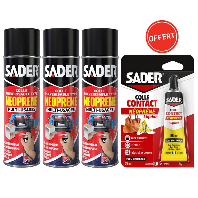 Sader - Lot de 3 Colles multi-usages pulvérisable néoprène 200ml + OFFERT 1 Colle contact néoprène liquide 55ml SADER - Image 1