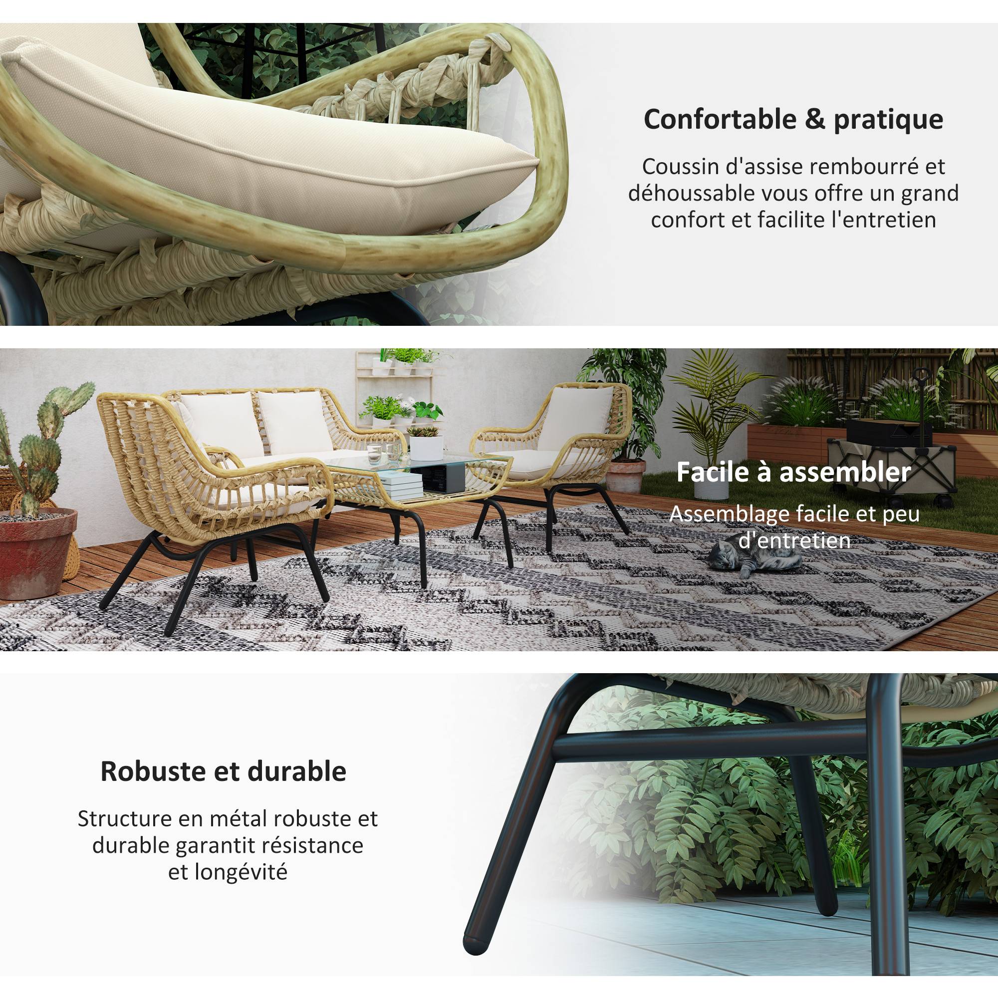 Salon de jardin 3 pièces | Mobilier de jardin Beige Résine tressée 118x69x73 cm - Image 8