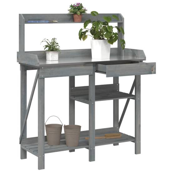 Banc de Rempotage Gris Bois de Sapin Table de Jardinage avec Rangement et Dessus en Zinc Gris – ComfortXL Outdoor Living - Image 1